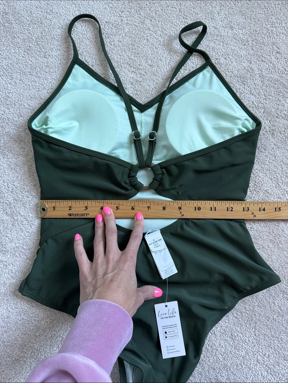 NWT Cupshe Olive Green One-Piece Swimsuit Sz Med Open Back Boho Vacation Preppy